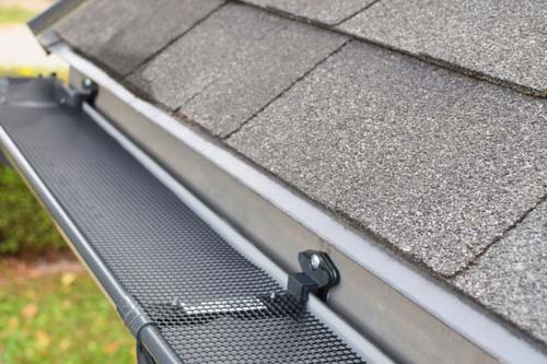 Close-up of a black mesh gutter guard installed on a roof gutter below asphalt shingles.