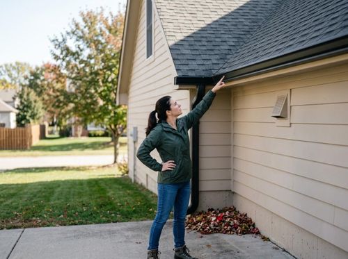A woman in a green jacket and jeans points up at the black gutter of a tan house, checking for maintenance needs. Leaves on ground.