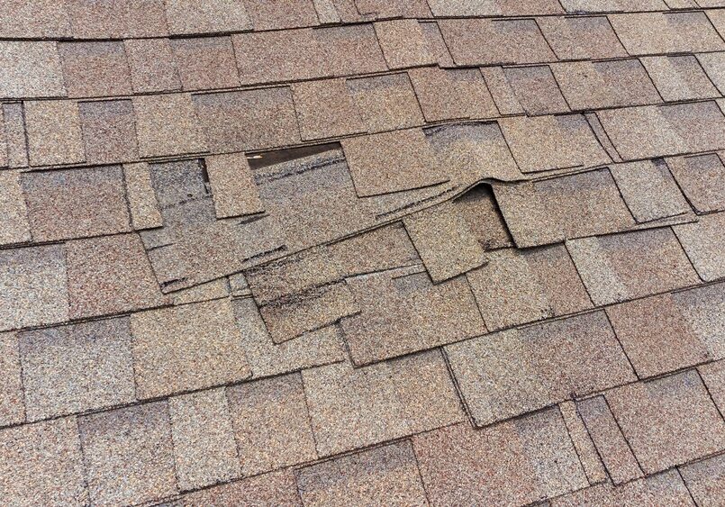 Close-up of a damaged section of brown asphalt roof shingles that are buckled, torn, and lifting.