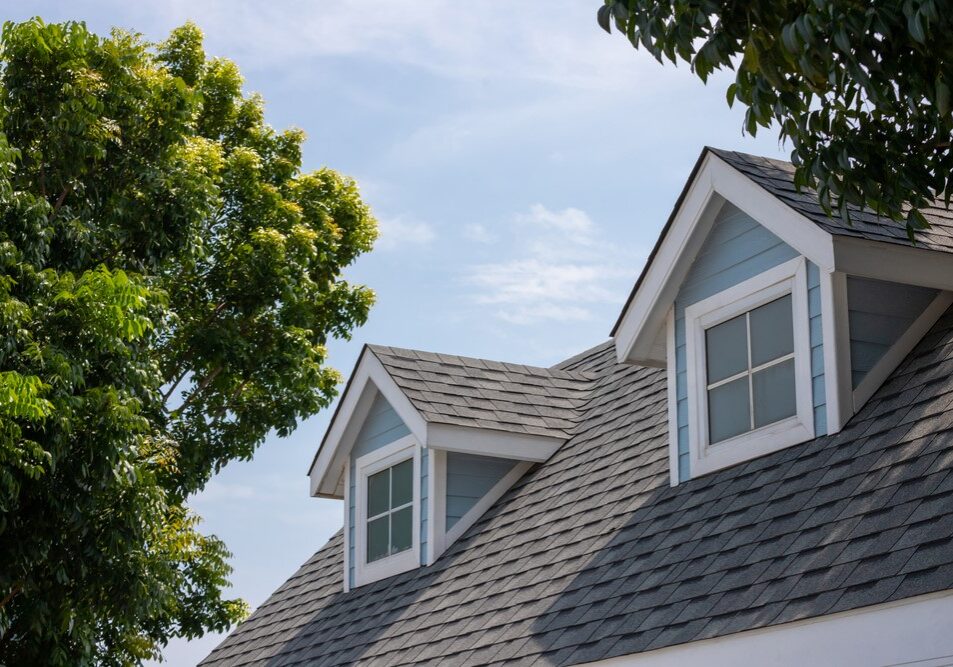 A close-up view of a residential roof with dark gray asphalt shingles and two light blue gabled dormer windows.